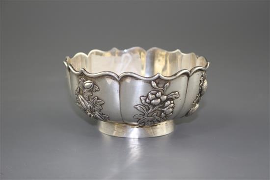 A late 19th/early 20th century Chinese Export white metal bowl, by Zee Wo, decorated with various fruit and flowers, 11.4cm, 5.5oz.